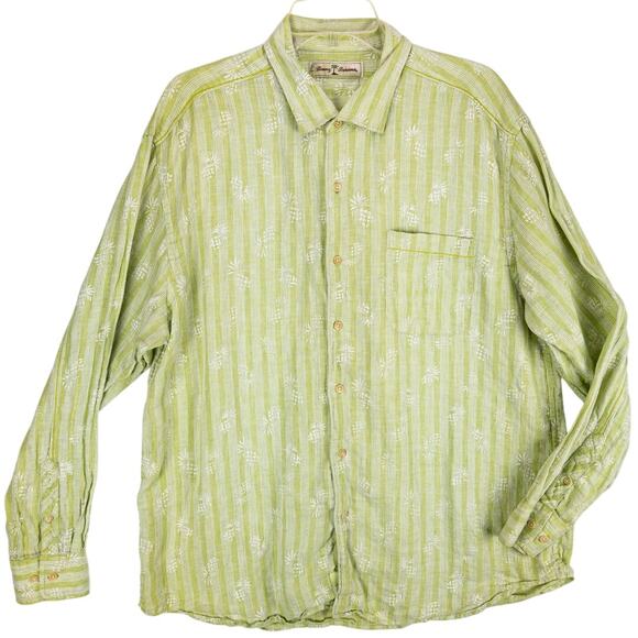 Tommy Bahama Linen Button-Up Men's XL Long Sleeve Green White Pineapples - Picture 1 of 13